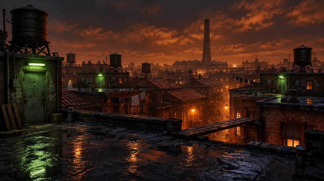 The rooftops of Kilnside at night: water towers, tile roofs, a plank between buildings and the old factory chimney