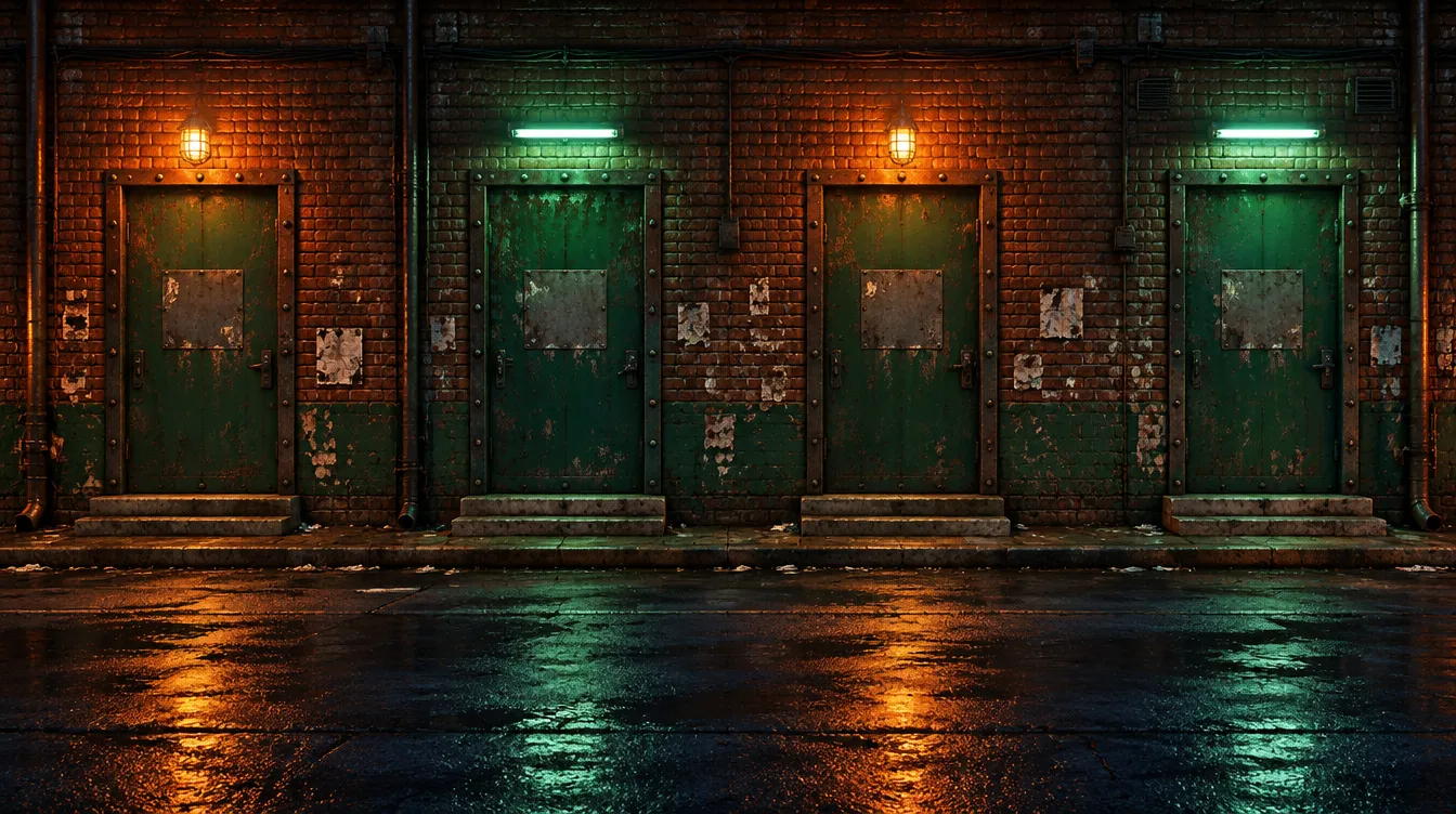 A Kilnside alley wall with four green steel doors under sodium and tube lights